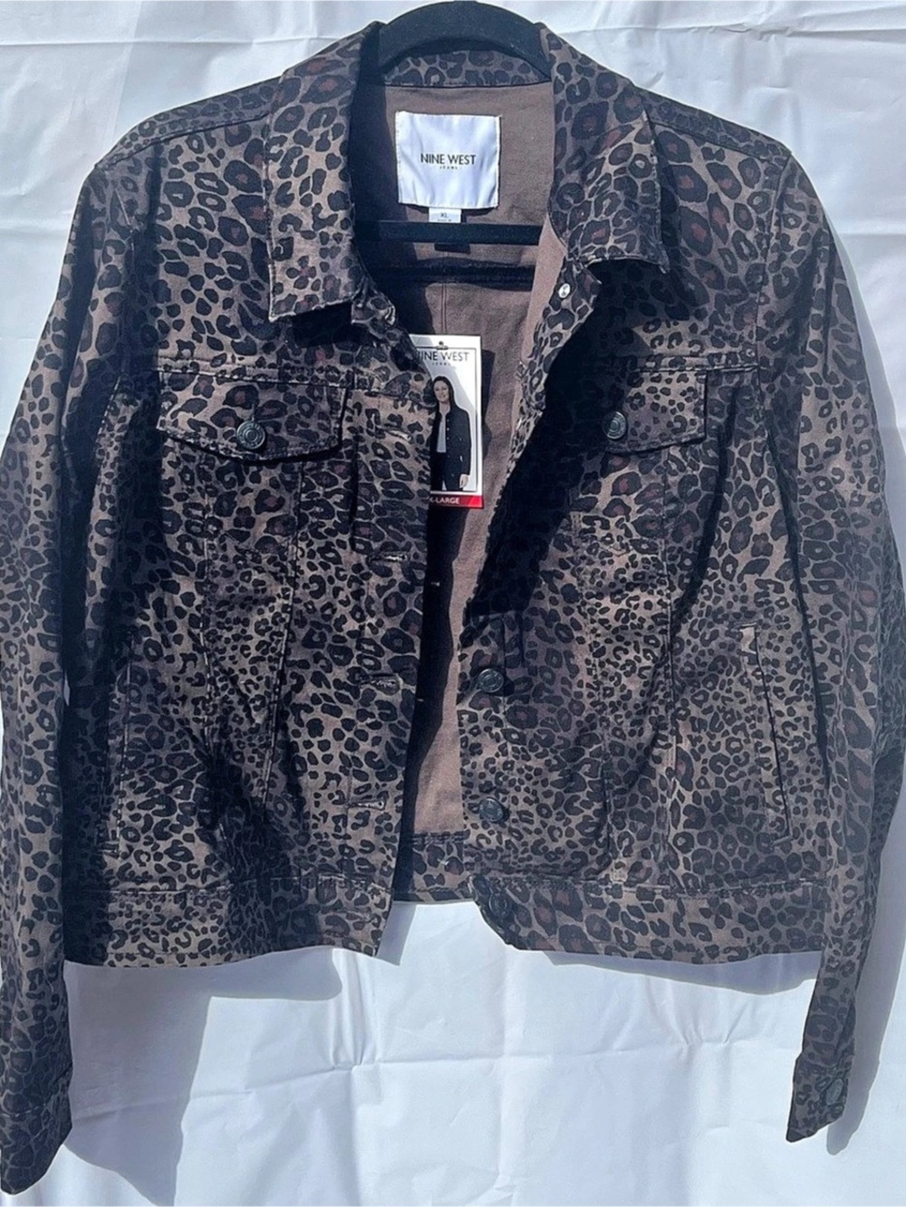 Nine West Jeans Leopard Print Denim Trucker Jacket Brown & Black XL